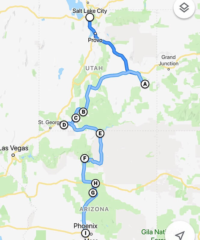 Top US family travel blog, More than Main Street, shares the ultimate 2 week Utah Arizona road trip itinerary; Map of our Arizona Utah road trip- 10 stops you can't miss! 