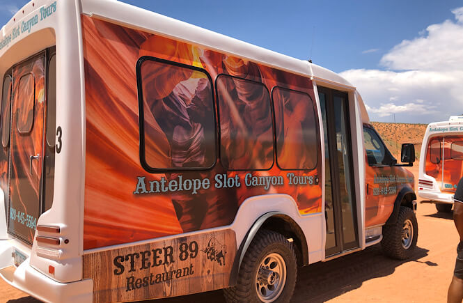 The Best 2 Things To Do in Page Arizona as featured by top US family travel blog, More than Main Street; Antelope Slot Canyon Tour Company shuttle.