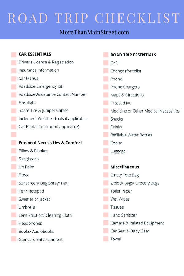 Family Road Trip Essentials checklist and FREE PDF printable featured by top US family travel blog, More than Main Street.