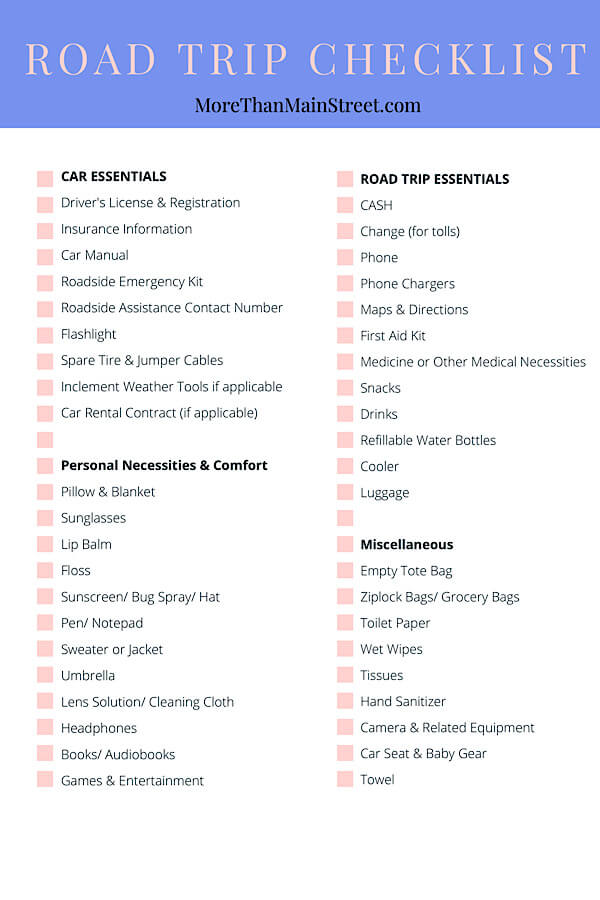 Family Road Trip Essentials FREE Checklist - More Than Main Street