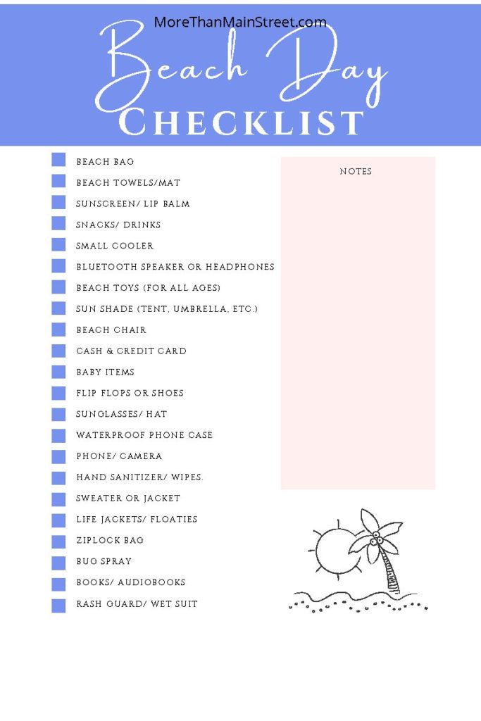 The complete list of things to take to the beach featured by top US travel blog, More than Main Street: printable PDF beach day checklist.