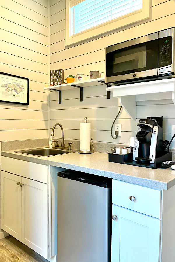 Kitchenette at River & Twine tiny house hotel in Rocky Mount NC.