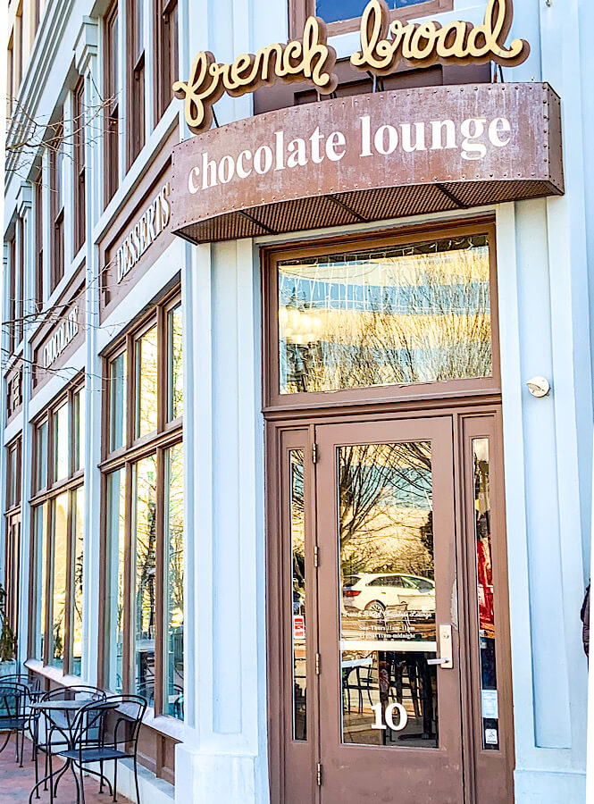 Front door to French Broad Chocolate in Asheville North Carolina- a must do when visiting Asheville!