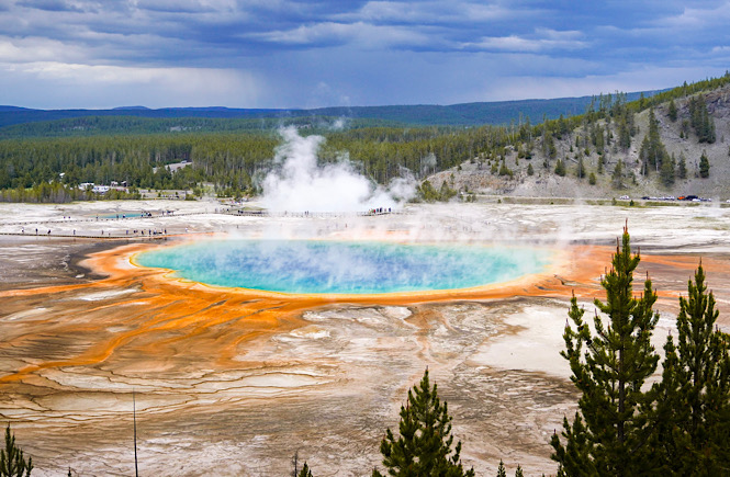 The extremely colorful Grand Prismatic Spring in Yellowstone National Park.