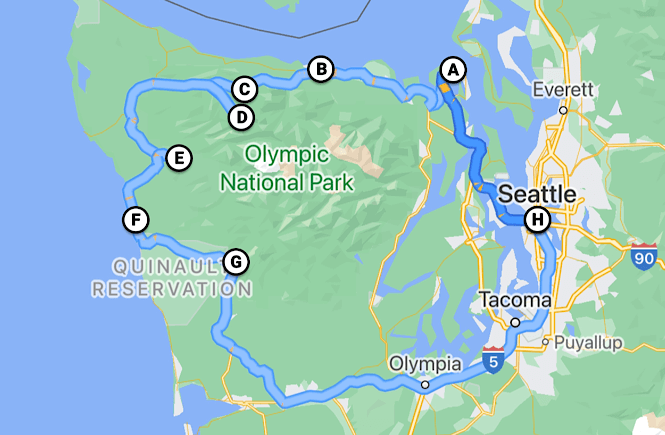 Map of Olympic peninsula loop and road trip itinerary.