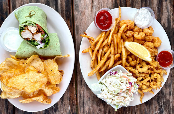 Fried seafood and a chicken wrap with homemade chips is our go to order at Fishbites Restaurant in Wilmington NC.