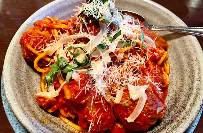 Spaghetti and. meatballs from Tarantelli's Italian restaurant in downtown Wilmington NC.