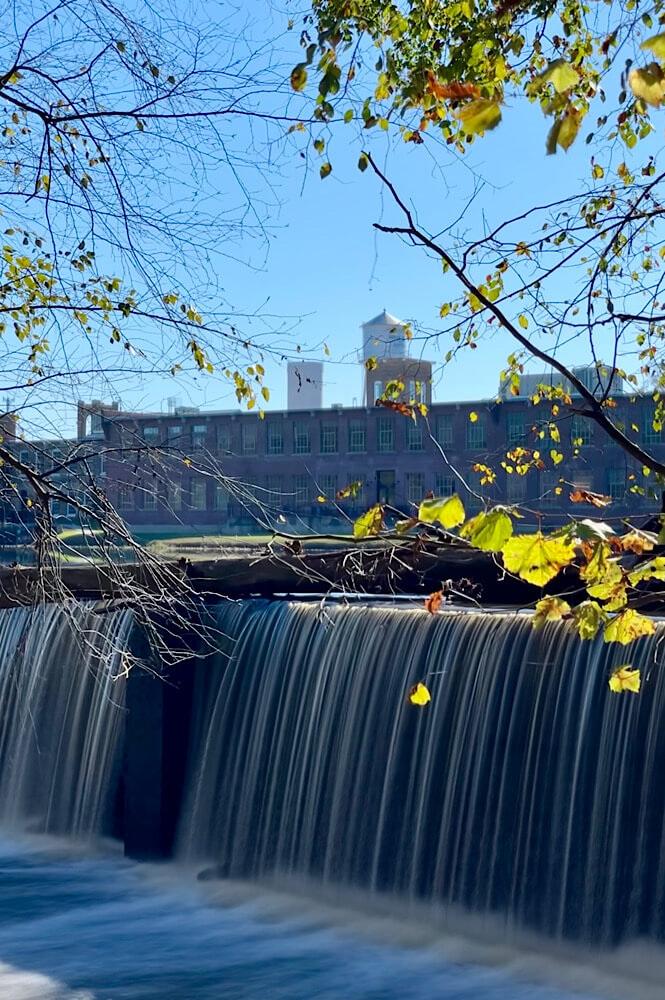 The beautiful waterfall in Battle Park near the Rocky Mount Mills.