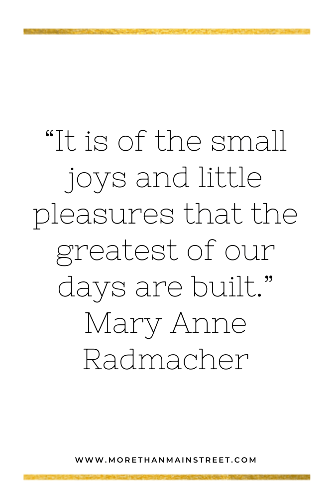 Simple pleasures in life quotes- quote by Mary Anne Radmacher that reads "It is the small joys and the little pleasures that the greatest of our days are built."
