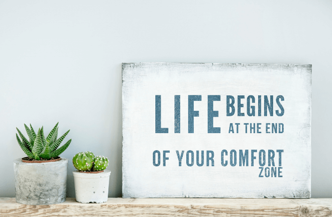 Life begins at the end of your comfort zone - motivational quote sign next to two tiny succulents.