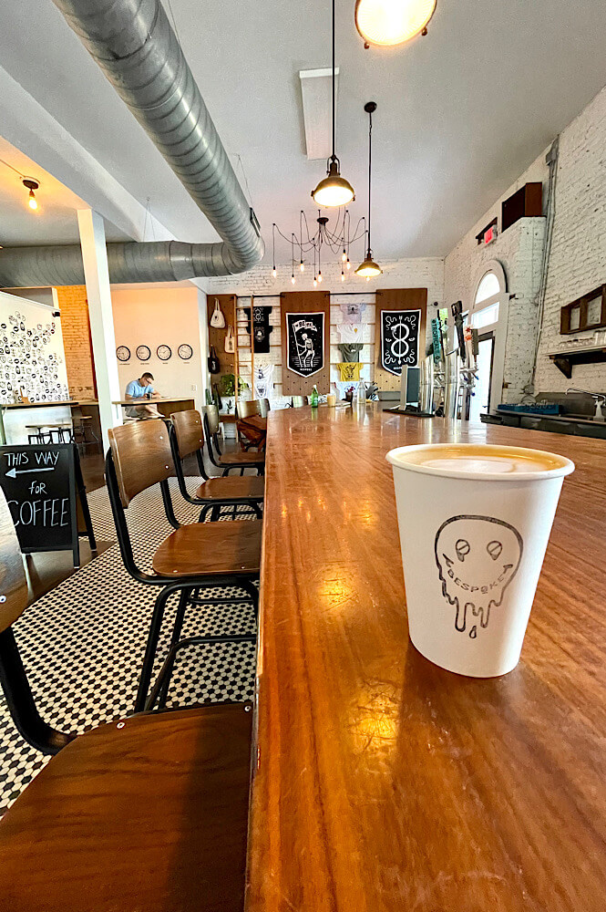 coffee on the bar at Bespoke Coffee & Dry Goods in Wilmington NC