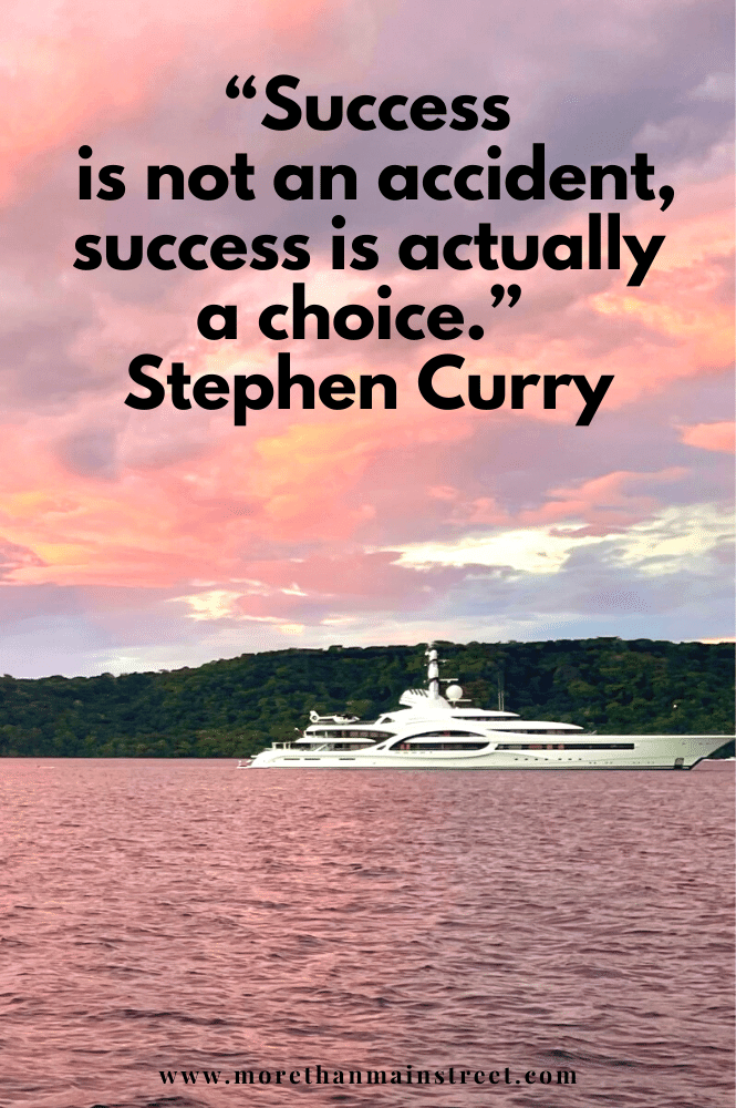 Stephen Curry quote with a yacht at sunset as the background.