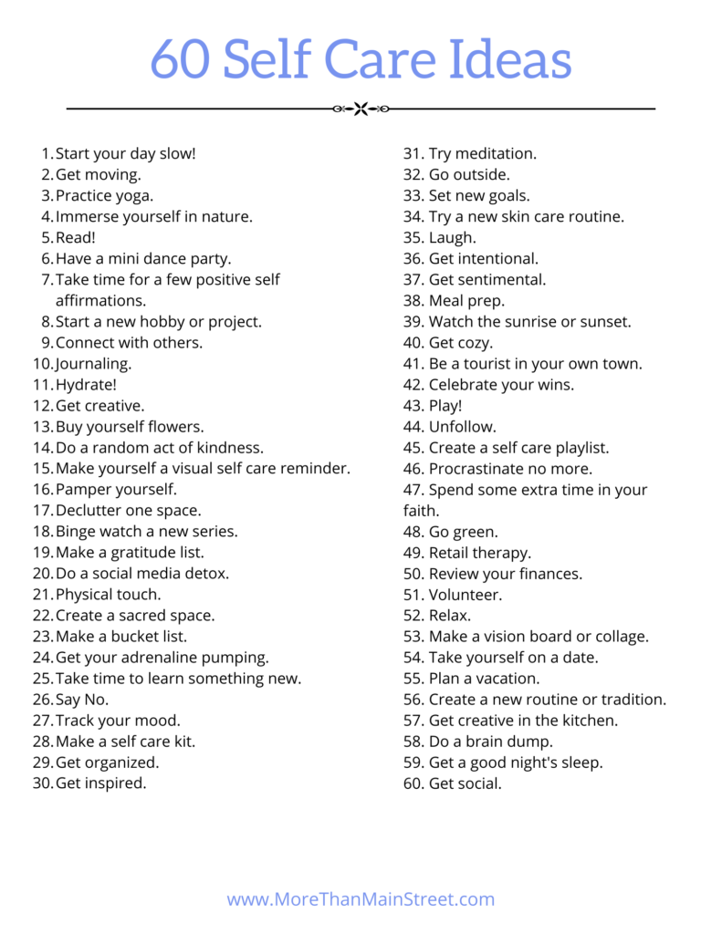60 self care ideas checklist