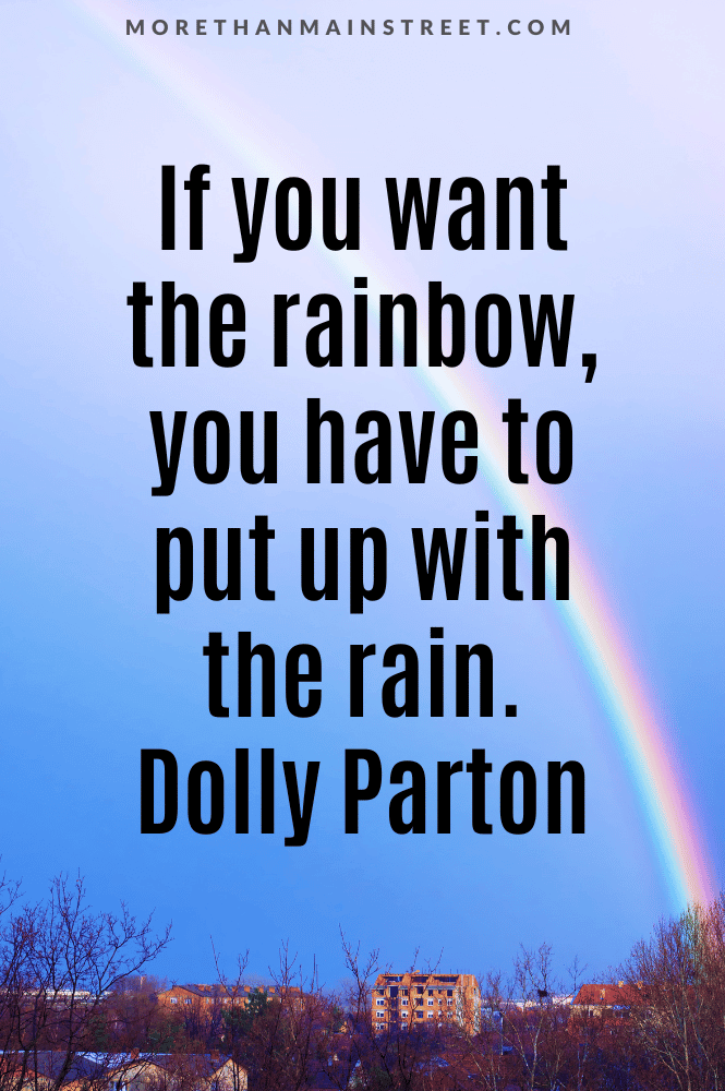 Dolly Parton quote- image of blue sky with rainbow 