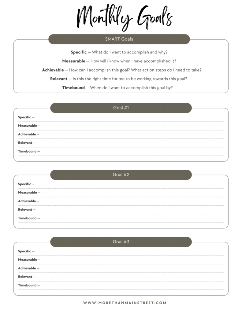 Monthly SMART goals planner.