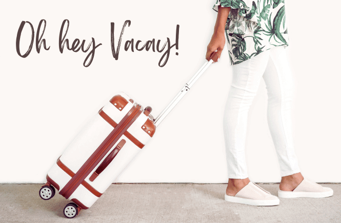 Oh hey vacay! (image of women pulling a suitcase going on vacation)