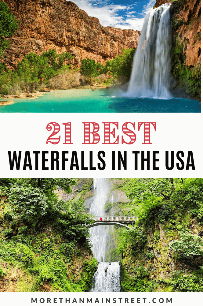 21 Best waterfalls in the USA: pictured top Havasupai Falls and bottom Multnomah Falls.