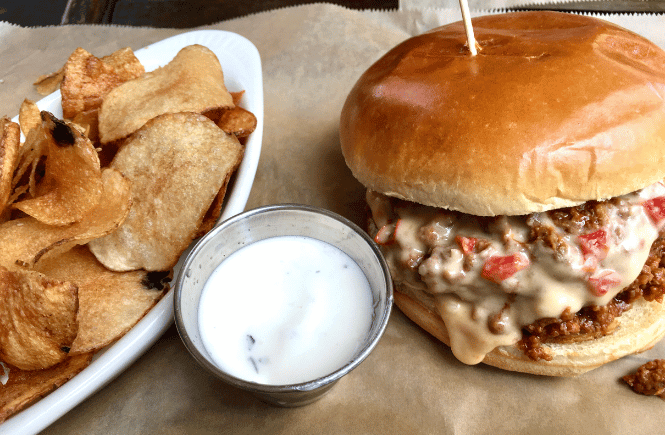 Sloppy Joe and homemade chips from The Station in downtown Raleigh.