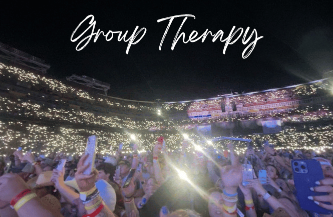 "group therapy" caption for a concert (image of a stadium full of concert goes holding up their phone lights)
