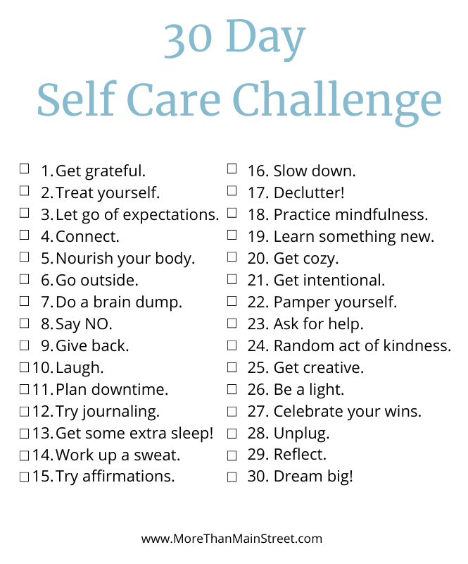 List of 30 day self care challenge ideas