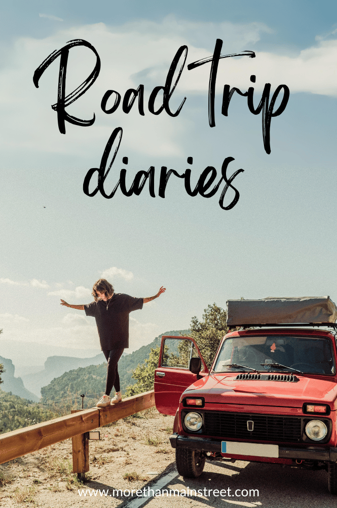 Girl walking on a guard rail with a car on the side of the road with caption "Road trip diaries"