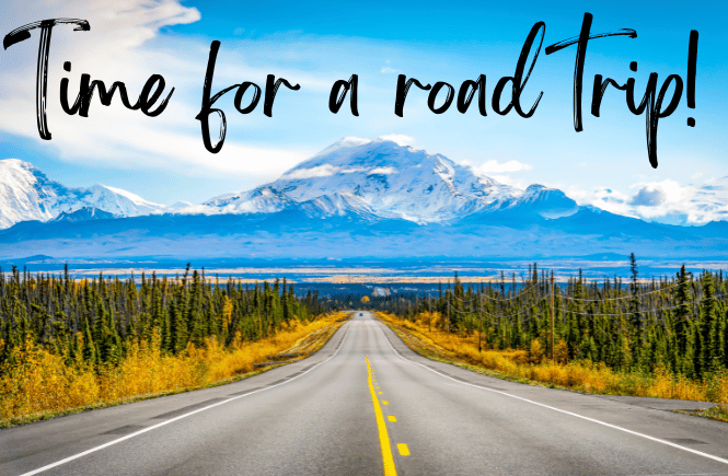 an empty road with a gorgeous mountain in the background with caption "Time for a road trip"