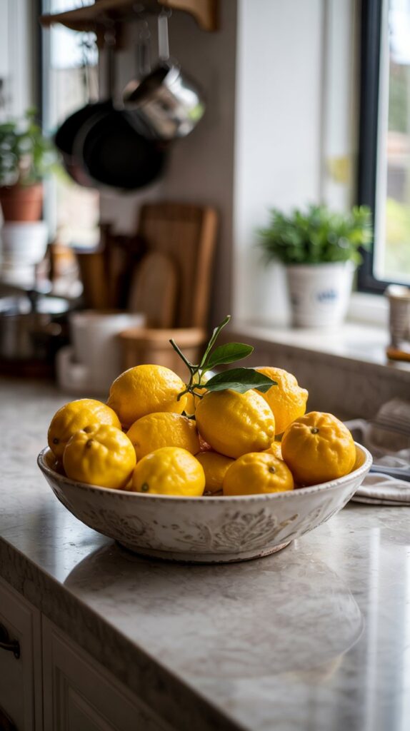 bowl of lemons used as summer decor in a kitchen