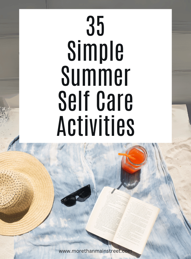 summer self care activities with image of a hat, book, sunglasses and drink on a light blue blanket