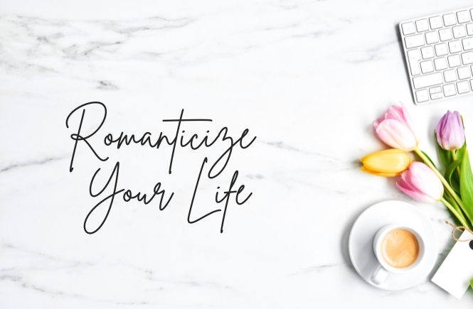 romanticize your life with coffee flowers and a keyboard on the edge of the image