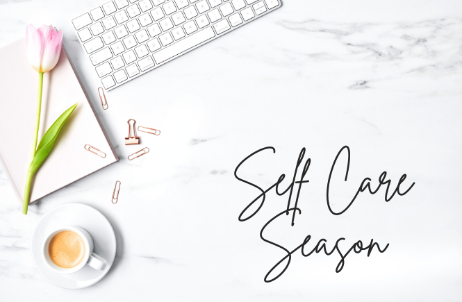 Self Care Season- image of a flatlay of computer keyboard, tulip and cup of coffee as an example of ways to prioritize self care