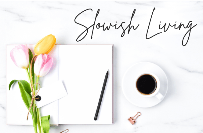 Slow-ish living with image of flatlay of tulips, cup of coffee and notebook as an example of simple lovely things