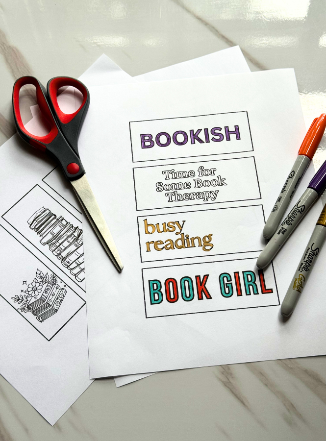 Coloring and cutting out DIY bookmarks that have sayings like "book girl" and "bookish"